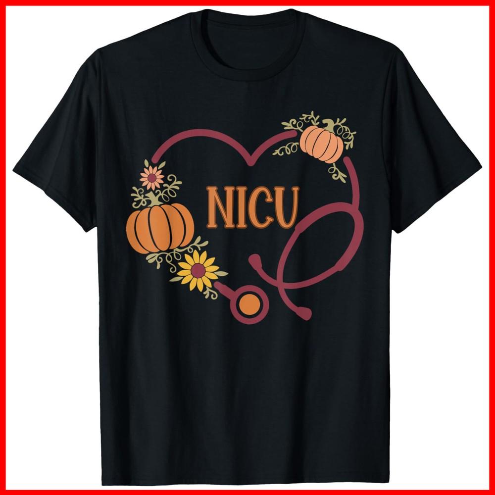 Retro NICU Nurse Stethoscope Heart Pumpkin Fall Thanksgiving Black T-Shirt Unisex T-Shirt