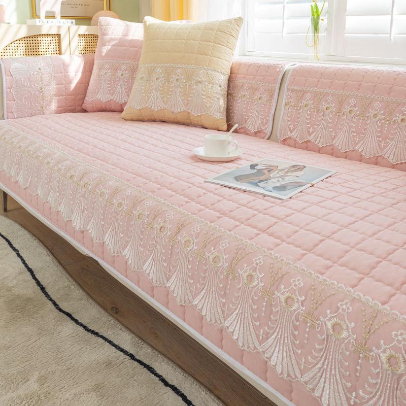 Plaid Lace Decorated Non-slip Sofa Cover Protector Chaise Four Season Universal Stretch Corner Sofa Cushion Towel 1/2/3/4-seater