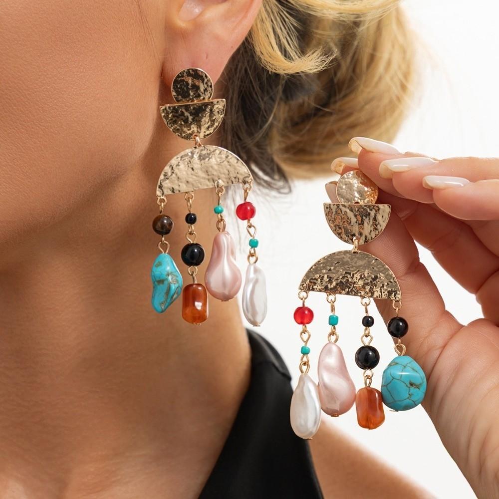 Imitation Pearl Statement Earrings Hammered Metal Boho Earrings Long Tassel Earrings Festival