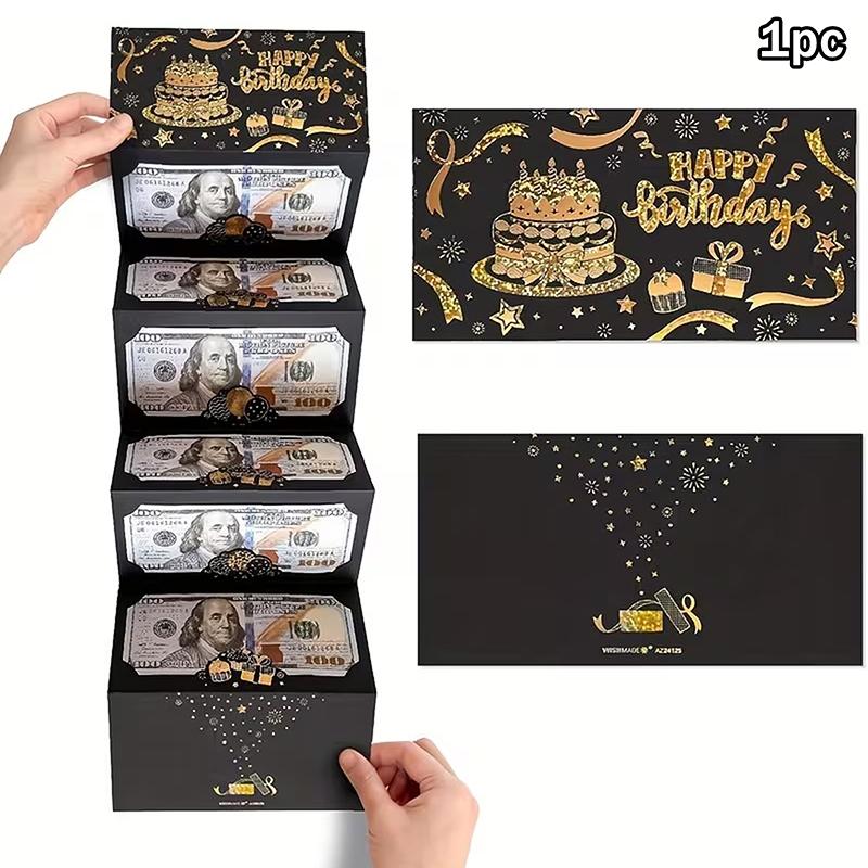 Black And Gold-Edged Birthday Gift Envelope With 6 Cash Slots And A Self-Sealing Design, Suitable For Both Cash And Cards