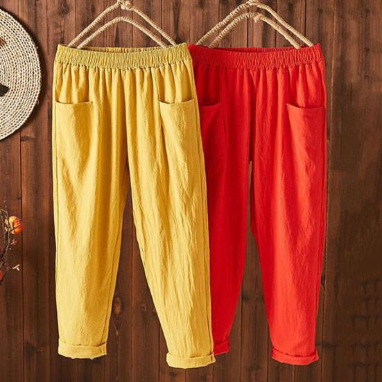Elastic Waist Wide Leg Harem Pants Women Cotton Linen Casual Vintage Loose Solid Color Pockets Trousers