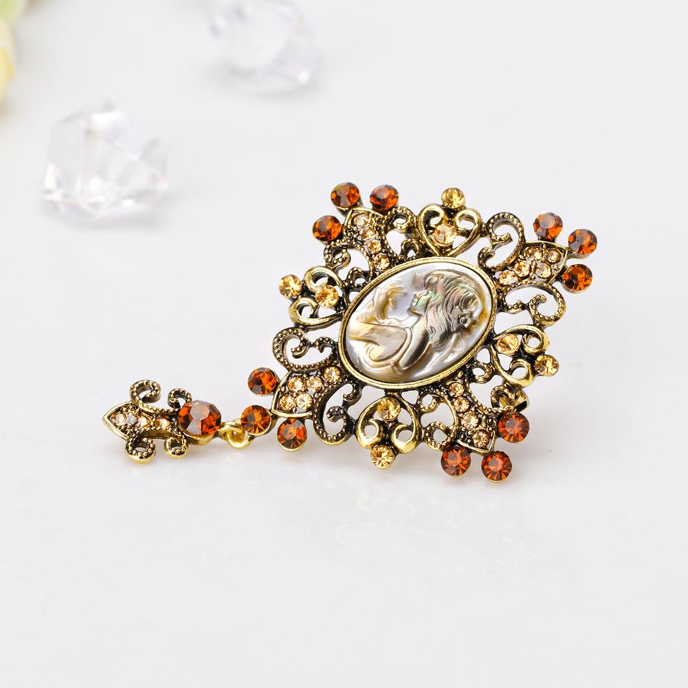 Retro Alloy Brooch Women Natural Shell Crystal Inlaid Breastpin Dress Decoration for Ladies