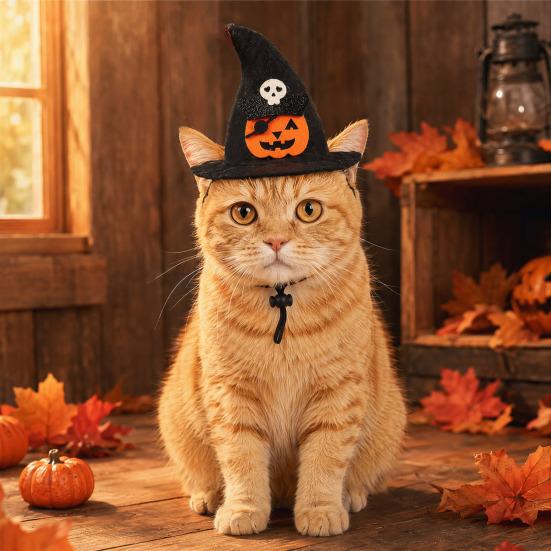 Lightweight Pet Headgear Halloween Cat Witch Hat, Fun Hat with Adjustable Elastic Strap, Cartoon Comfortable Headwear Ghost Pumpkin Bat Skull for Cats