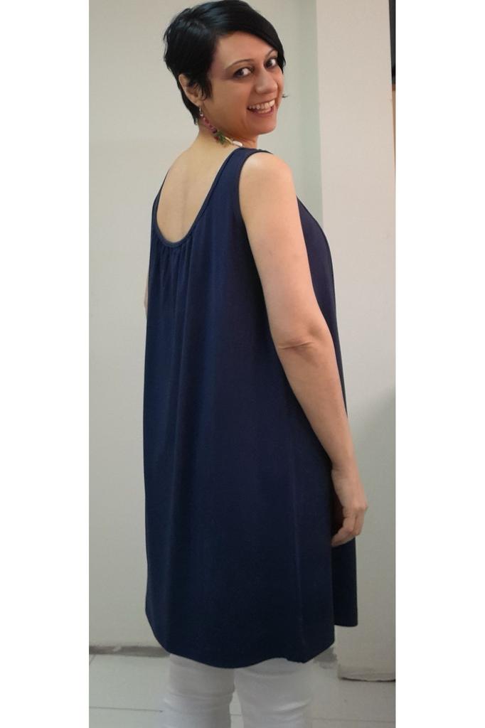 Women's Style Big Size T-Shirt Navy Blue Combed Cotton Viscose T-Shirt With Gathered Front And Back Straps