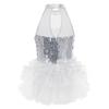 Kids Girls Ballet Latin Dance Costumes Sleeveless Sequins Mesh Splice Cutout Back Leotard Jumpsuit