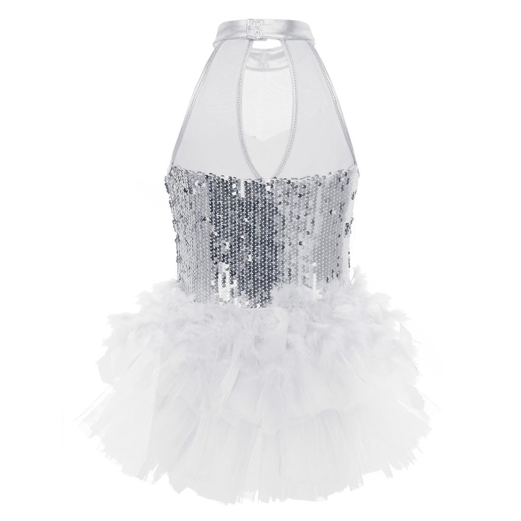 Kids Girls Ballet Latin Dance Costumes Sleeveless Sequins Mesh Splice Cutout Back Leotard Jumpsuit