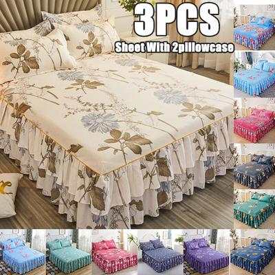 Покрывало с цветочным принтом, комплект юбки, 3 шт., простыня с 2 наволочками, мягкая дышащая кровать, наматрасник, защитный коврик
