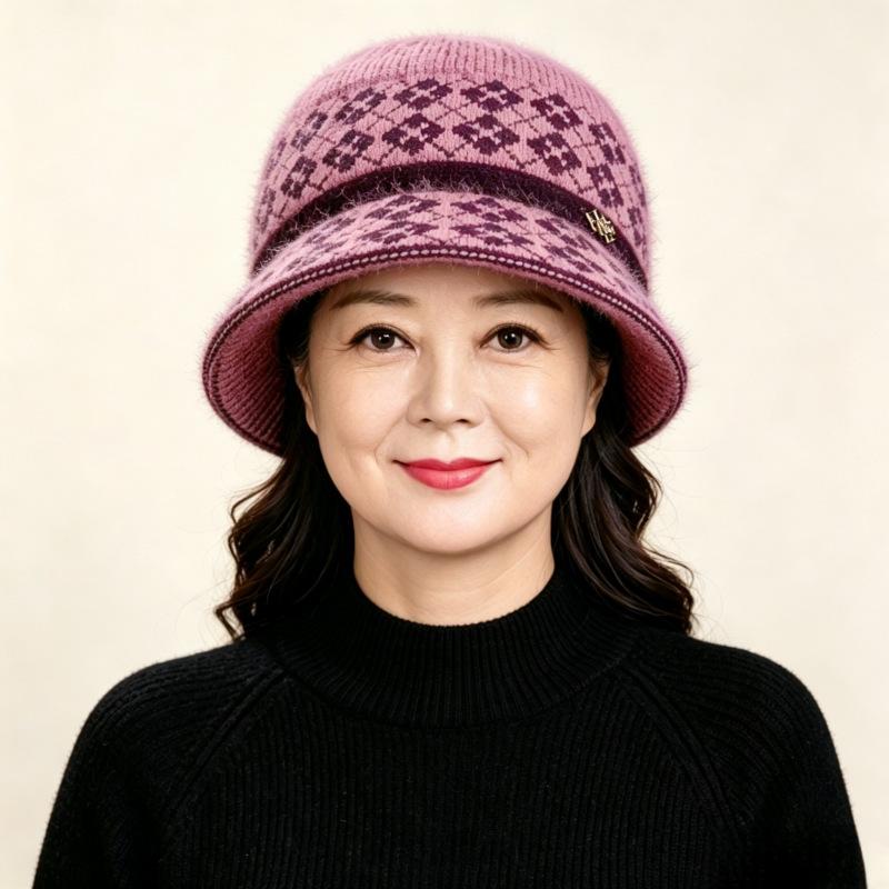 Autumn and winter hat women's fashion bucket hat middle-aged and elderly mother basin hat plush warm wool hat old lady knitted hat