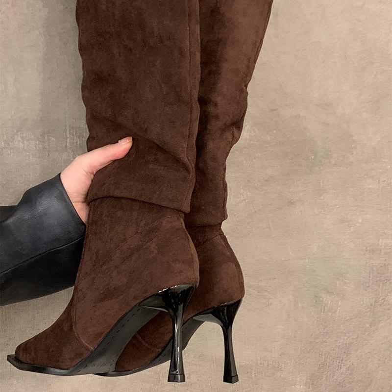 Острый носок на высоком каблуке женские эластичные сапоги до колена модные элегантные туфли для танцев осенние женские современные длинные сапоги