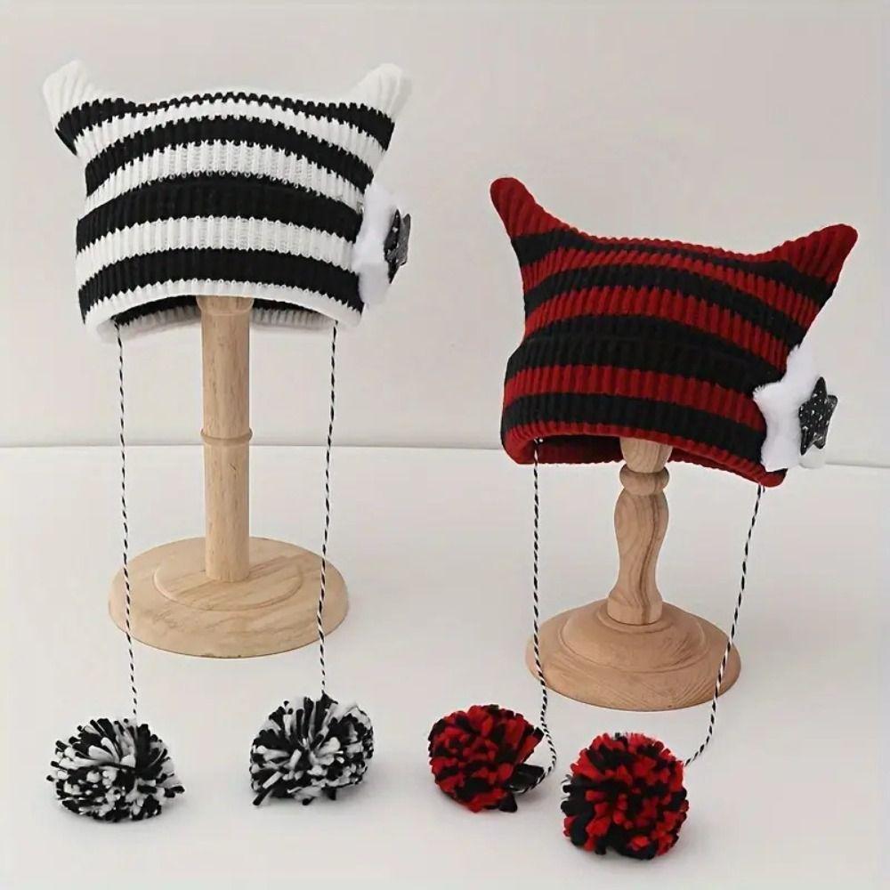 Y2K Slouchy Knitted Beanies Star Woolen Hat Cute Cat's Ears Knitted Hat  Cycling