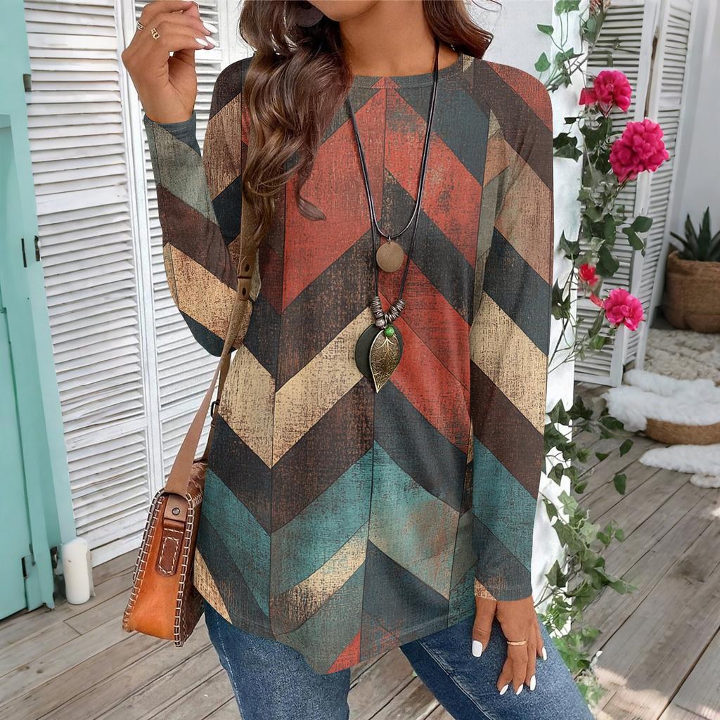 Women's Casual Plus SizeLong Sleeved Round Neck Vintage Ethnic Printing T-shirt Top Pullover
