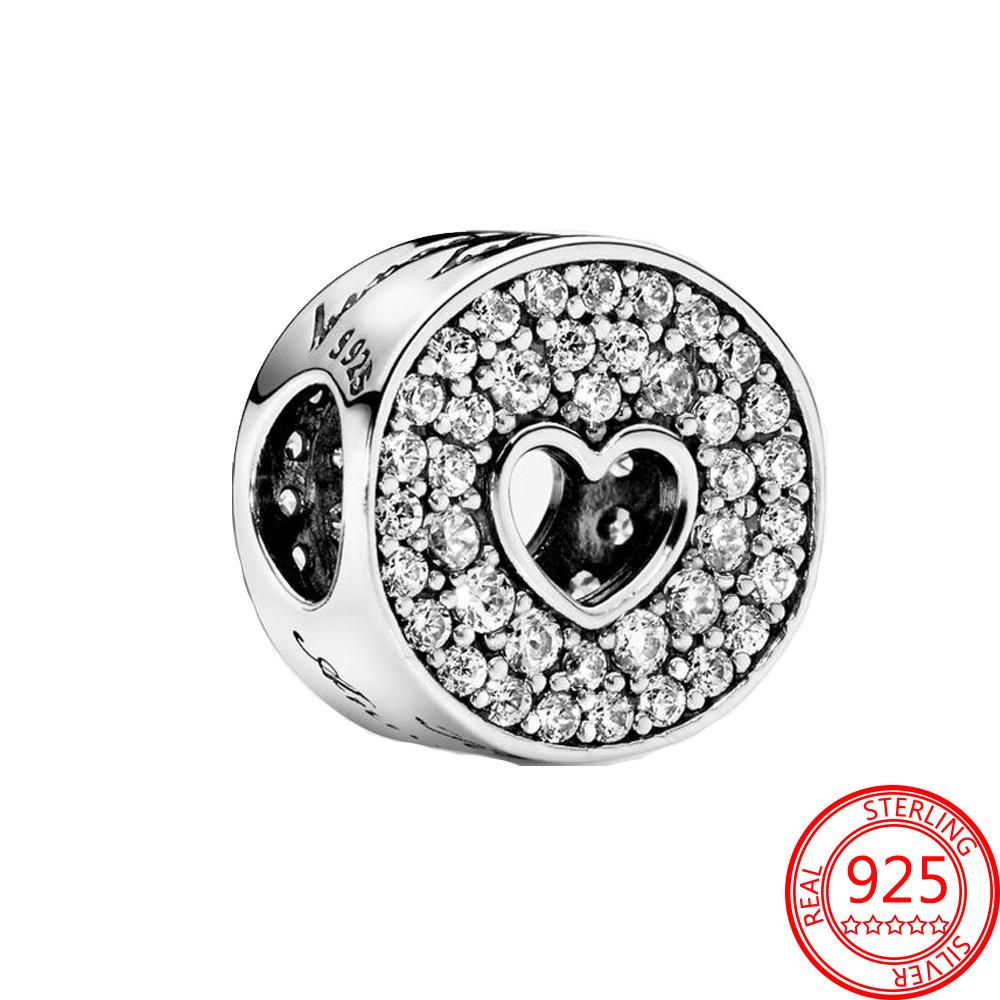 Аутентичное серебро 925 пробы, розовое золото, круглый вырез с паве и сердцем, подвеска на годовщину, подходит для модного браслета, ювелирные изделия, подарок на выпускной