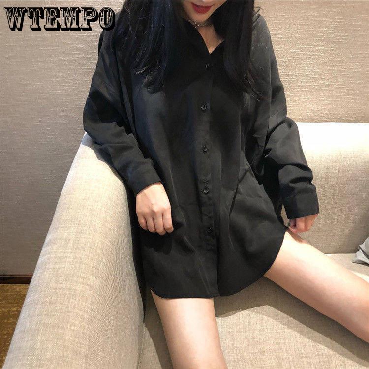 Women Blouses Spring Long Sleeve Black Chiffon Shirt with Belt Ladies Loose All-match Fashion Chic Casual Simple Tops