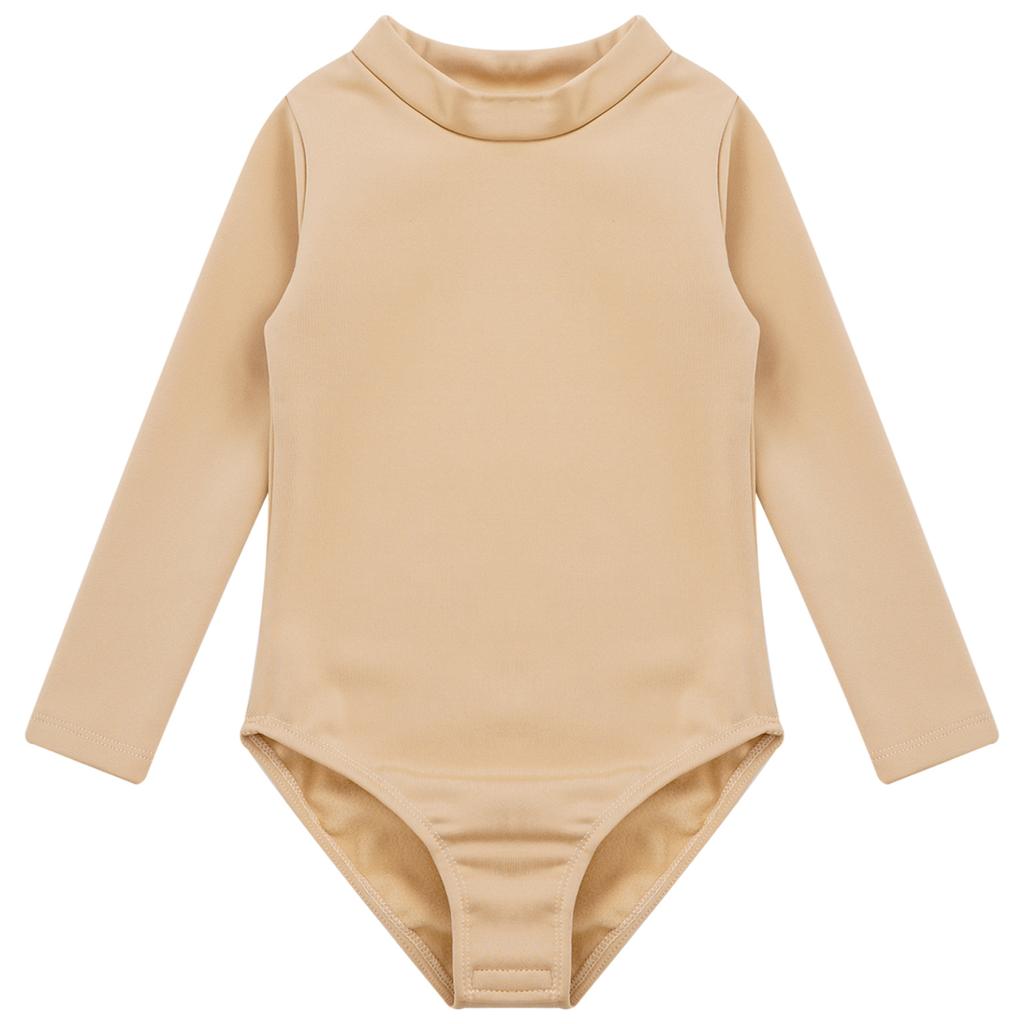 Nude Kids Girls Fleece Long Sleeve Leotard Solid Color Bodysuit Gymnastics Ballet Dance Training Costume