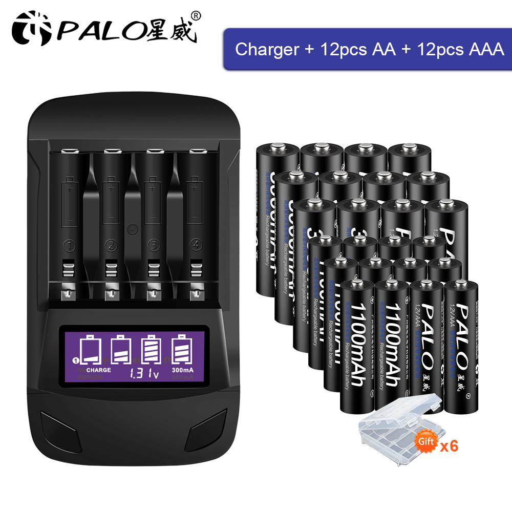 PALO Original AA AAA Rechargeable Battery Aa 1.2V NIMH+Smart LCD AA AAA Battery Charger for AA Fast Charger Discharge Repair