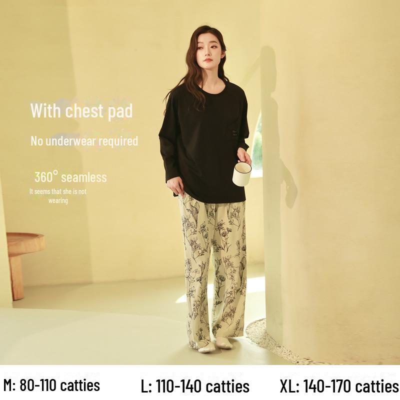 Женский пижамный комплект из чистого хлопка с длинными рукавами и нагрудными накладками — большой размер, весна/осень 2025 г.