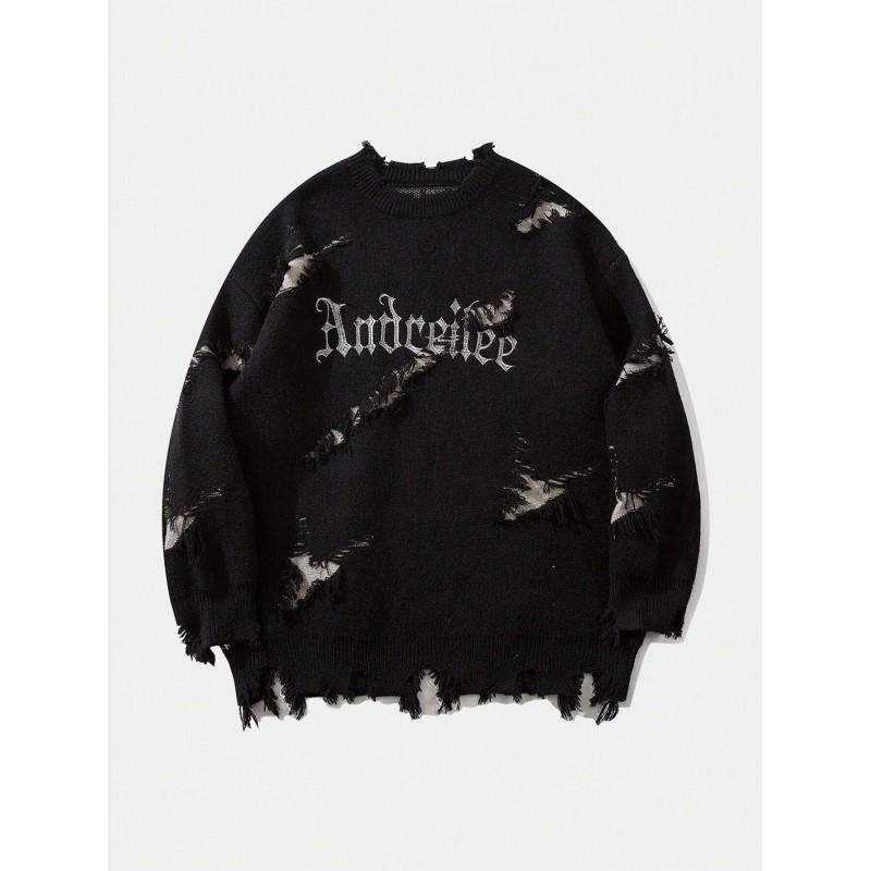 Unisex Oversized Streetwear Sweater Vintage Jacquard Distressed Crewneck Long Sleeve