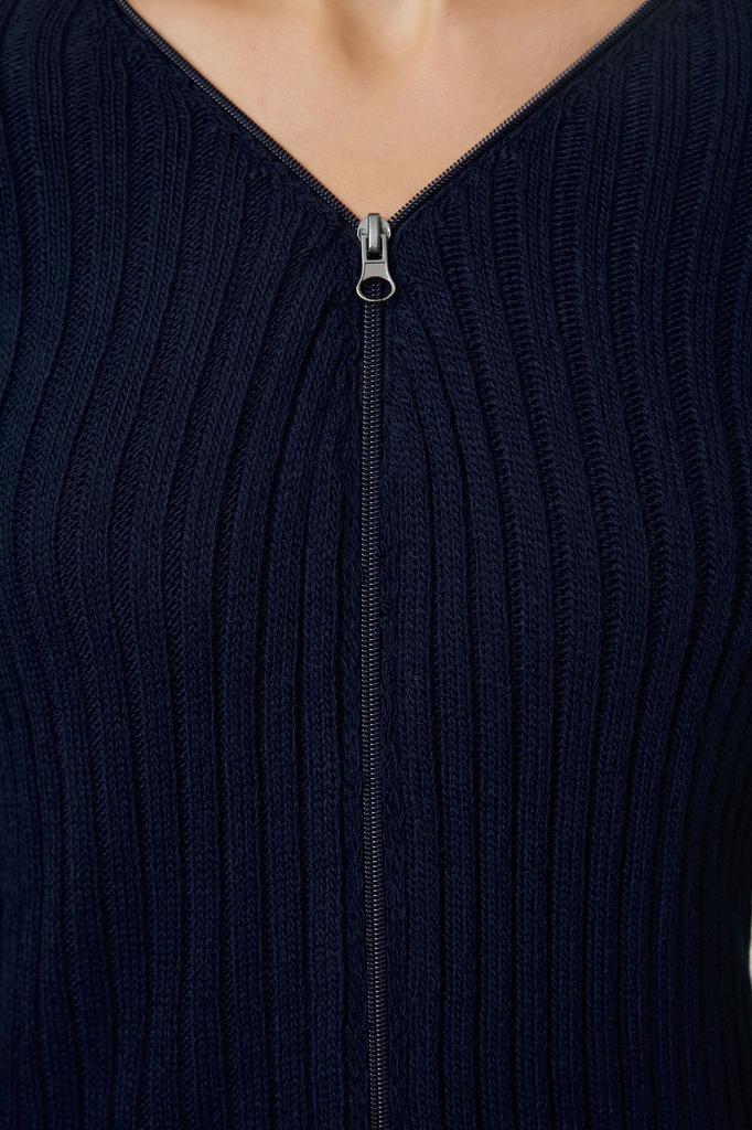 Женский модный стильный кардиган темно-синий базовый трикотаж в рубчик на молнии кардиган