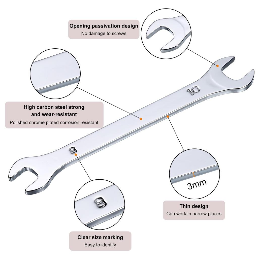 Uxcell Thin Open End 8mm X Metric Double Open End Chrome Mirror High Carbon Thin Wrenches for Home Machine 10 Pieces Wrenches, 10mm, Wrenches, Plated,