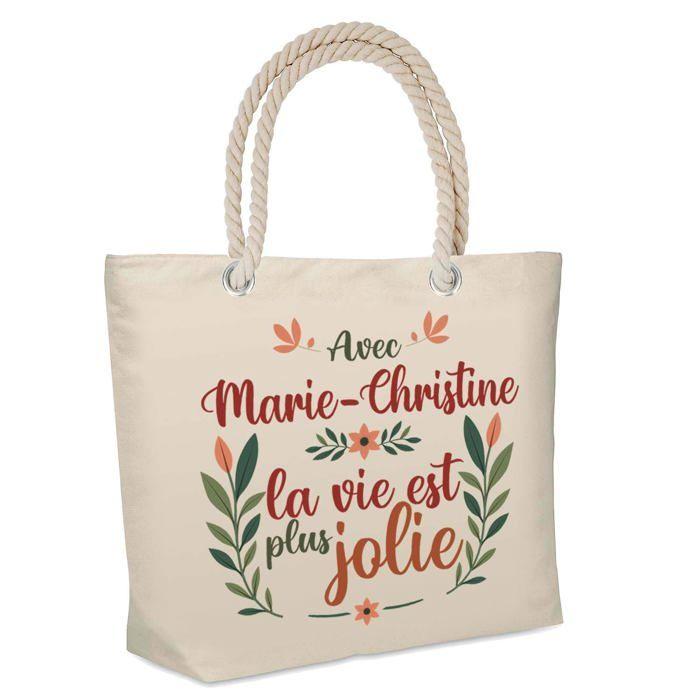 Sac cabas - PLANETEE - Isotherme de plage « Marie-Christine la vie est plus jolie » - Jute - Beige - Anses solides