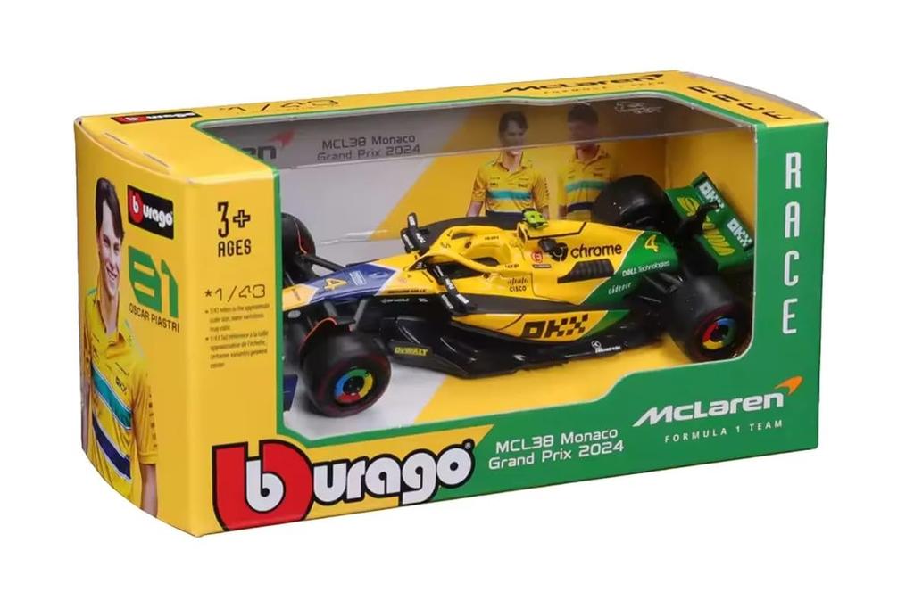 Bburago 2024 Модель F1 McLaren MCL38 Senna Memorial Color Lando Norris Race Sports Car Mini Car Diecast Car Complete Product Senna 1/43 #4 18-38214