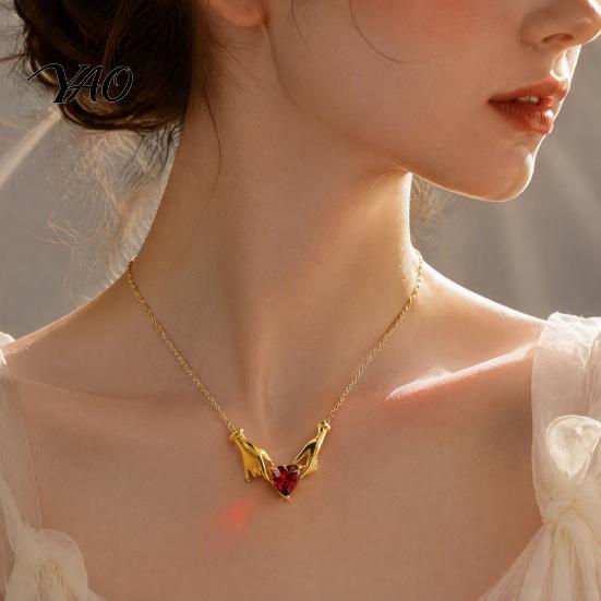 Meaningful Valentine Day Jewelry Hands Holding Heart Necklace, Red Cubic Zirconia Trendy Niche Design Necklace Gold-Tone Romantic Dainty for