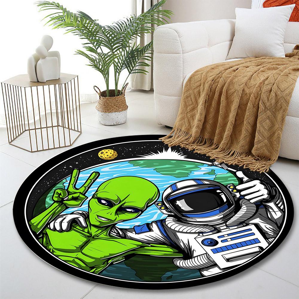 Alien and Astronaut Friendship Print round rug, living room, bedroom, playroom carpet, non slip floor mat, gift