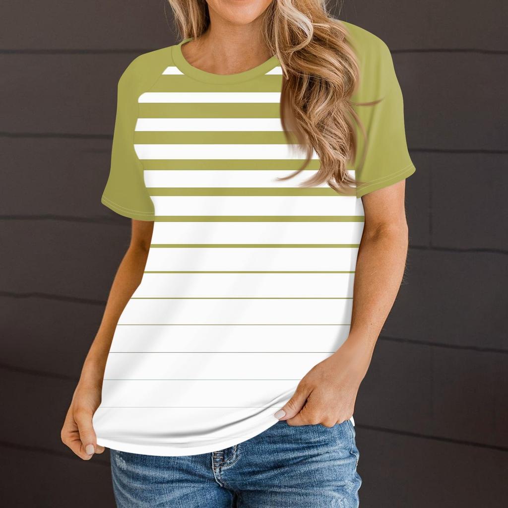 Женская летняя повседневная полосатая градиентная футболка с круглым вырезом и рукавом реглан с коротким рукавом