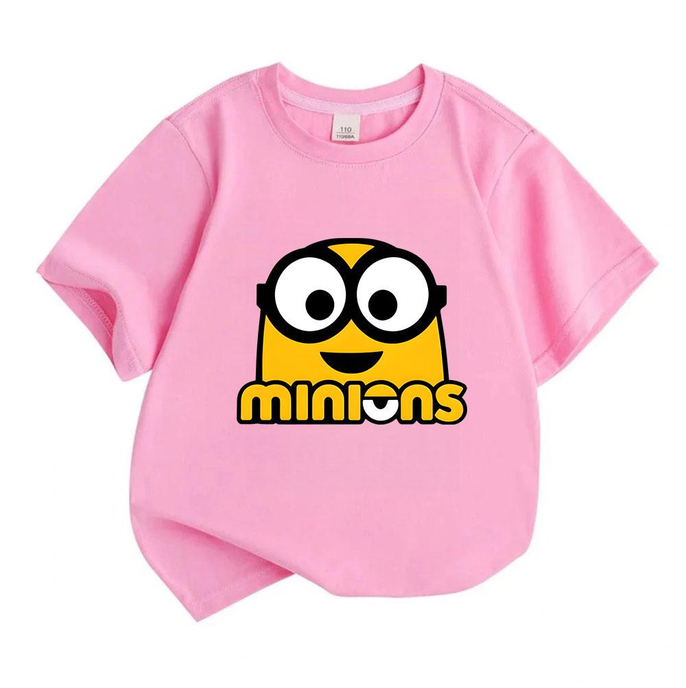 Unisex Kids Boys Girls 100% Cotton Crew Neck Short Sleeve T-Shirt, Cute Cartoon Yellow Little Figure Pattern Casual Summer Tee Tops for Daily Wear Out