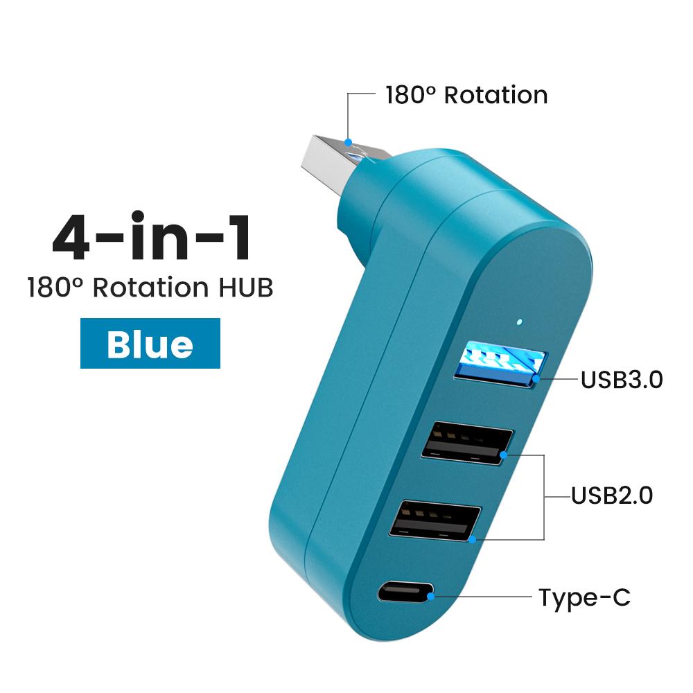 4-портовый USB 3.0 хаб с поворотом на 90° и 180°, 3 порта USB-A, 1 порт USB-C, передача питания и данных для ПК, компьютера, ноутбука, автомобиля, iMac, MacBook Air Pro, адаптер