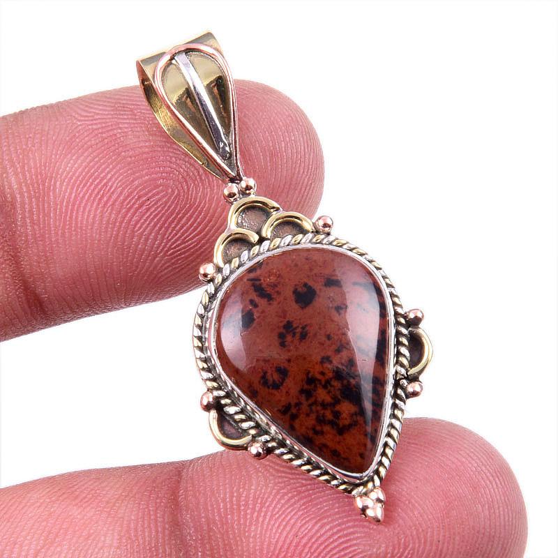 Драгоценный камень обсидиан из натурального красного дерева 925 пробы, одноцветное серебро, двухцветный кулон 1,75 дюйма R8i14