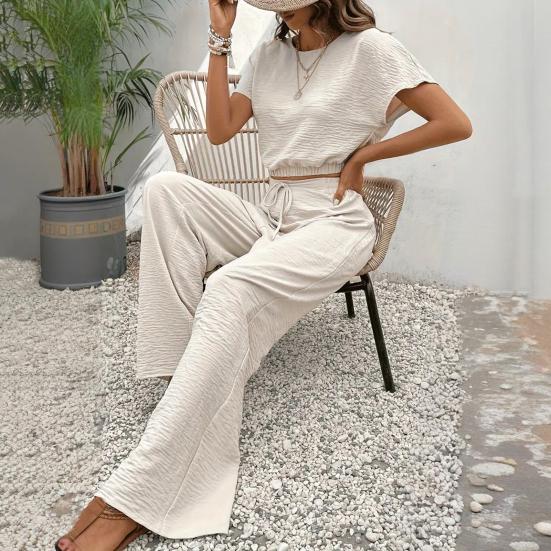 Комплект из 2 предметов: топы и брюки, О-образный вырез, короткий рукав, эластичный подол, повседневный свободный крой, однотонный, с высокой талией, длинные брюки