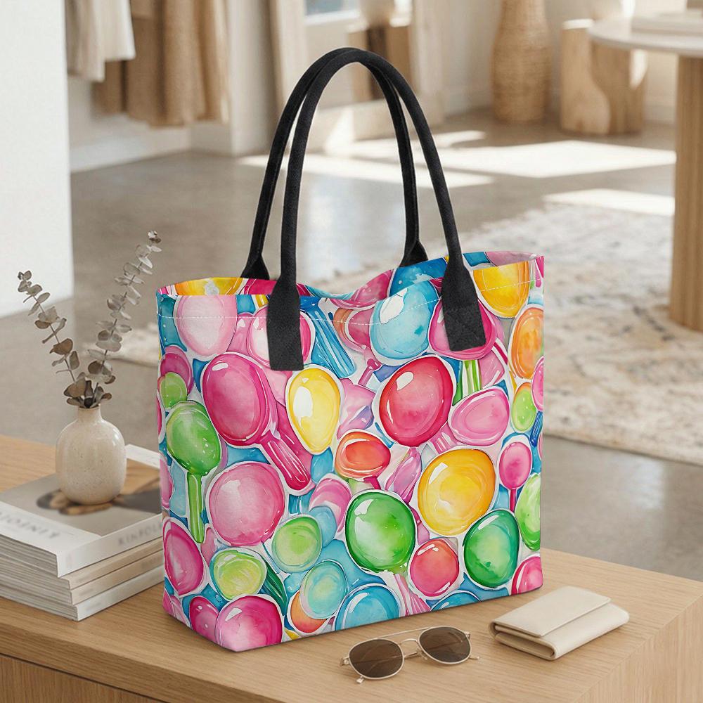 Colorful Lollipop Print Canvas Tote Bag Large Capacity Casual Shoulder Bag for Daily Shopping Travel Women's Fashion Handbag