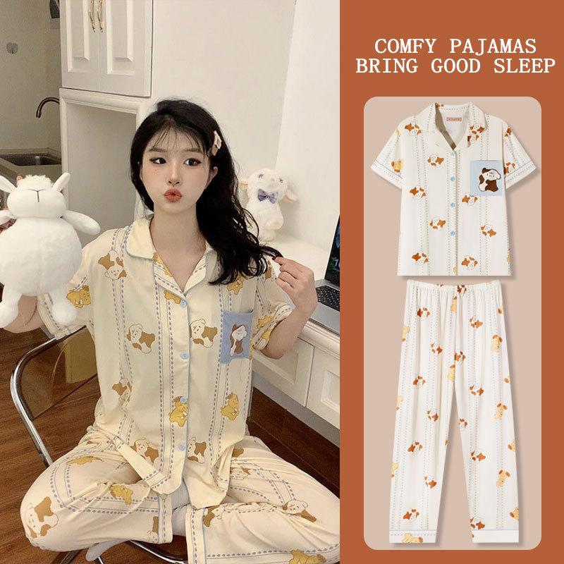 Girly heart bursting cute rabbit print pajamas women's summer short-sleeved trousers cardigan loose loungewear set thin