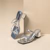 2025 Summer New Silver Niche Square Head Thick Heel High Heel Sandals Children Bow Word Sandals Can Be Worn Twice