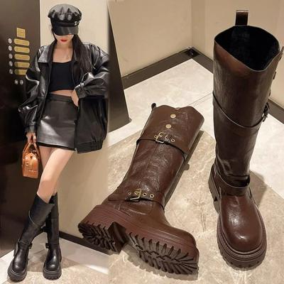 Модные винтажные зимние женские ковбойские сапоги в стиле вестерн, модные длинные сапоги с пряжкой на поясе, элегантные женские сапоги на толстом каблуке