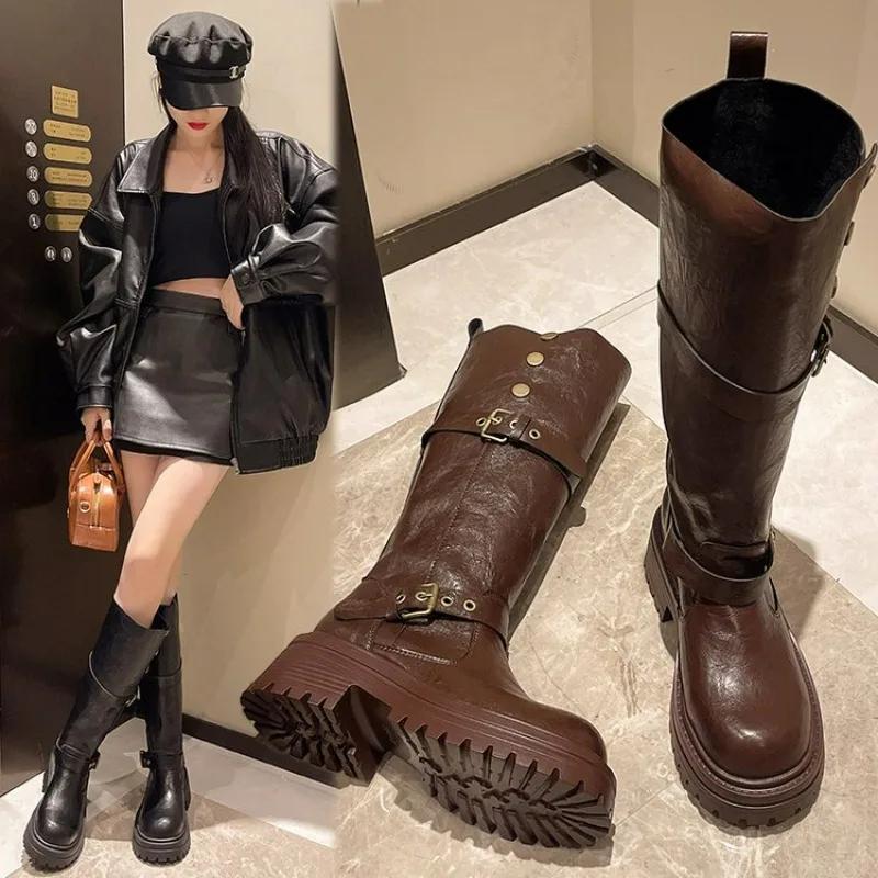 Винтажные зимние женские сапоги в стиле ковбойши, модные длинные сапоги с пряжкой на поясе, элегантные женские сапоги на толстом каблуке