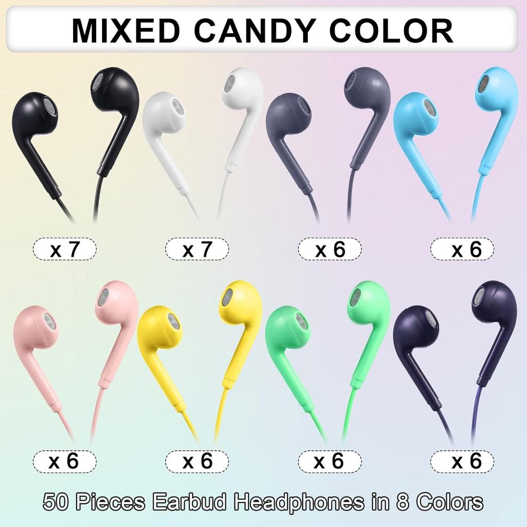 Xinnun 50 Pack Bulk Earbud Headphones with Mic Student in Ear Earbuds Classroom Wired Ear Buds with 3.5mm Headphone Plug for Kids Adults School