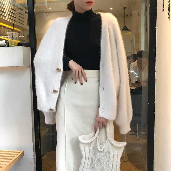 Элегантные свободные женские вязаные кардиганы с рукавами-фонариками из мохера, свитера, джемперы, осенне-зимняя женская куртка-кардиган
