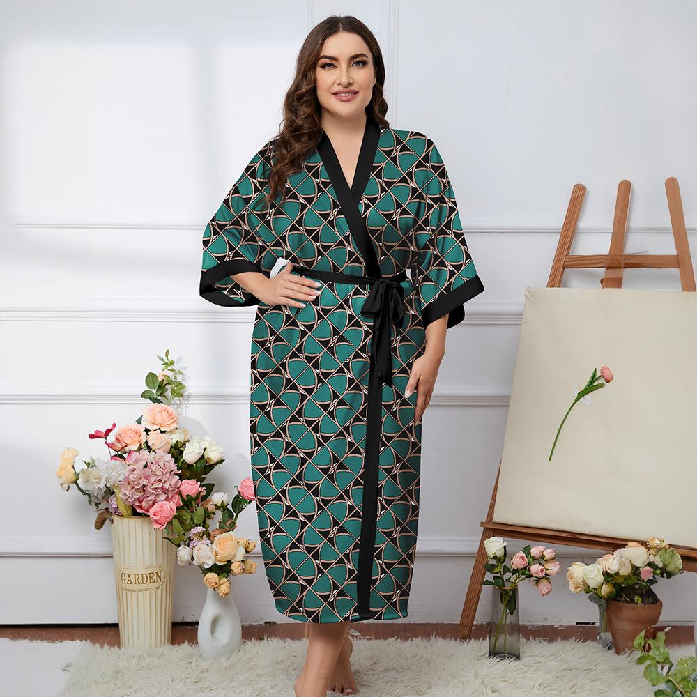 Весенне-осенние женские пижамы большого размера, домашнее платье, пижамный халат, имитация шелка, цветной принт, домашняя повседневная ночная рубашка