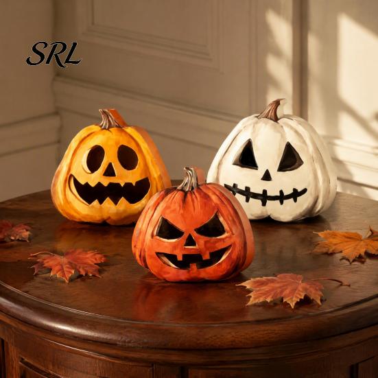 Small Decorative Figurines 3Pcs Halloween Pumpkin Tabletop Decor, Rustic Face Wooden Block Desktop Grimace Decor Ornaments, Farmhouse Craft