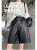 Женские шорты Bootcut с высокой талией из стираной PU-кожи 2025 года - Средней длины, Широкие штанины, Свободный стройнящий крой для Осени/Зимы