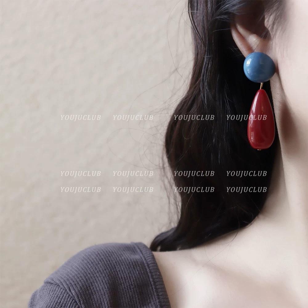 Retro Hong Kong style red and blue contrasting color water drop earrings temperament ins high-end stud earrings women's new earrings earrings