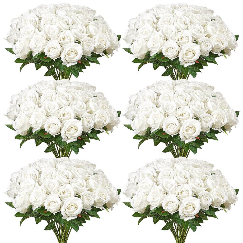 120 Pcs White Roses Artificial Flowers Realistic Bouquet Xmas Home Decor