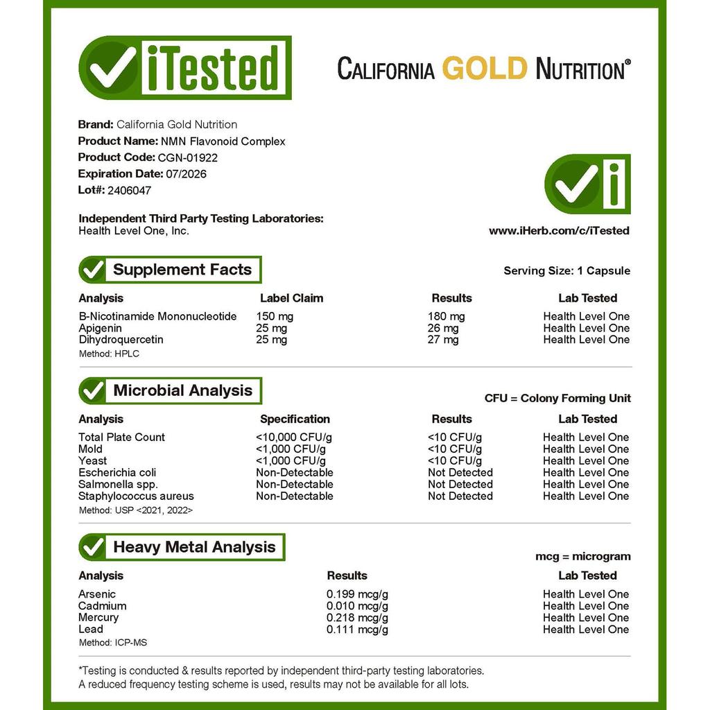 California Gold Nutrition Комплекс флавоноидов NMN, апигенин и кверцетин, 60 вегетарианских капсул