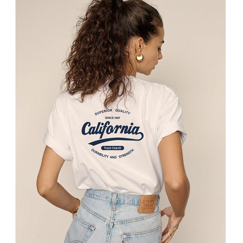 California American Retro Sports Style Fashionable Letters Print Pure Cotton Short Sleeve T-shirt for Women