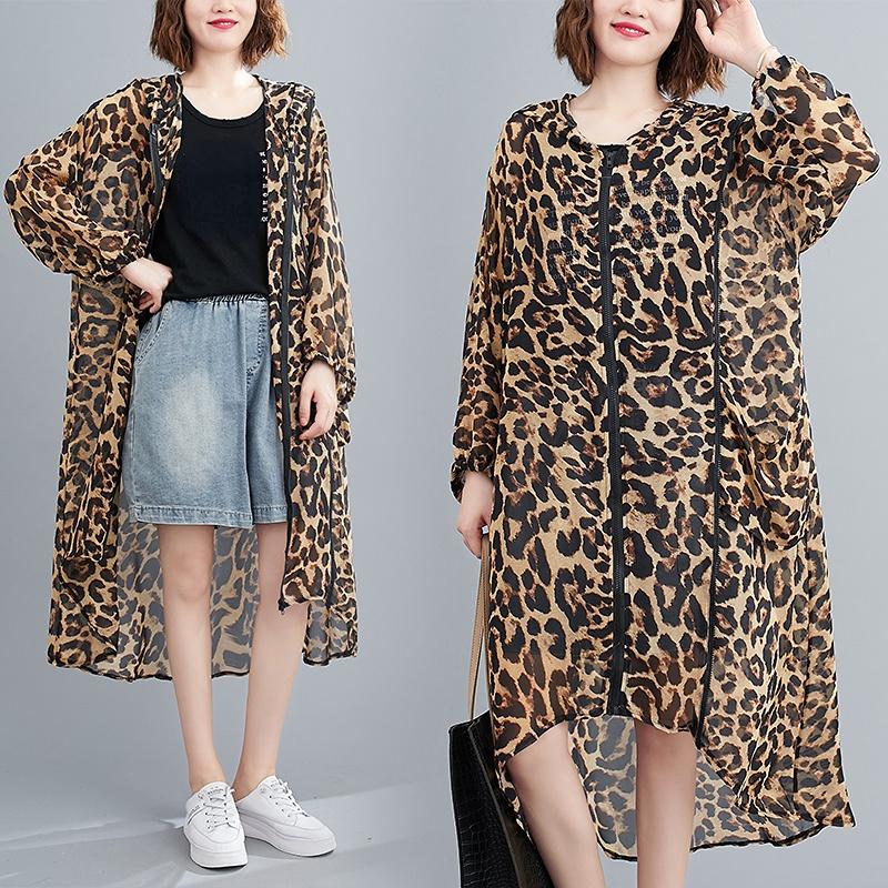 Dimanaf Большие размеры 2023, новая женская шифоновая блузка с леопардовым принтом, тонкие летние леопардовые пальто на молнии, длинная верхняя одежда оверсайз