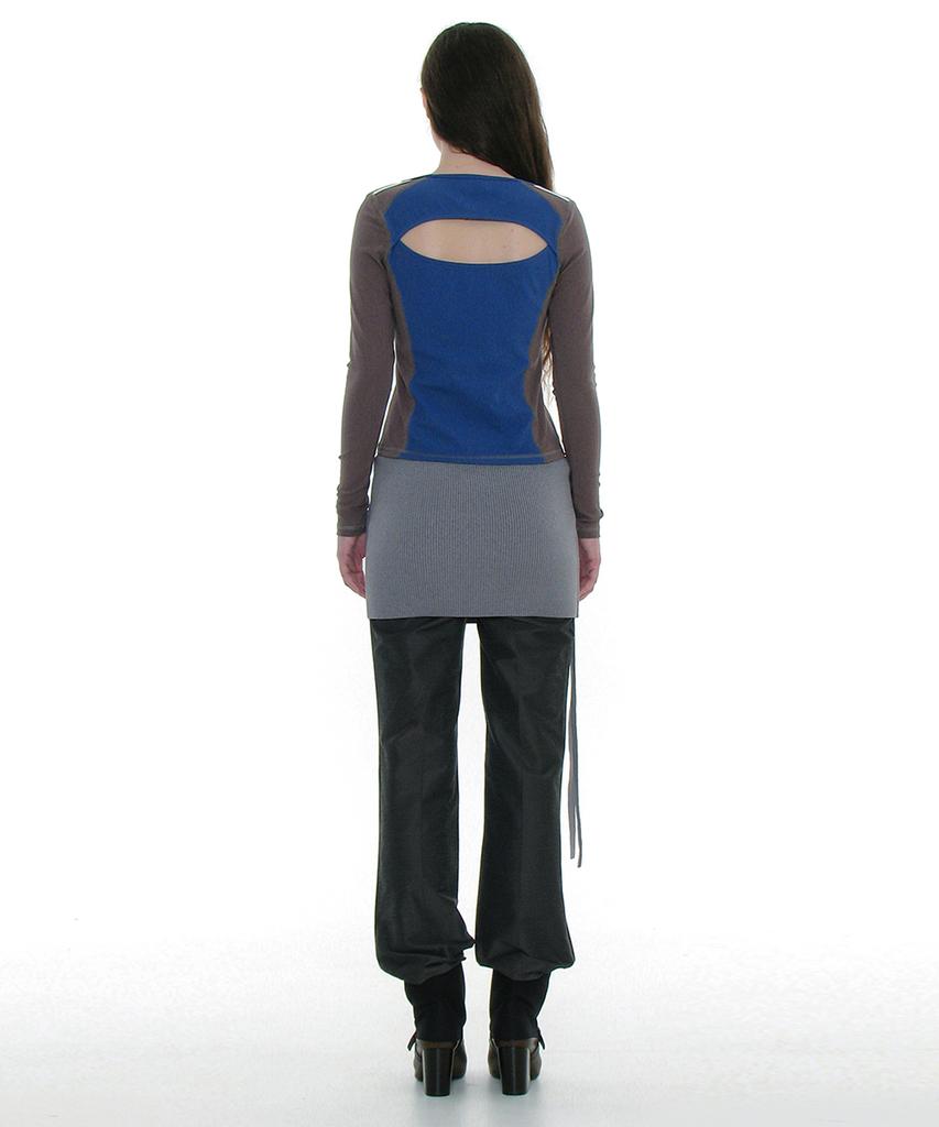 PARTIMENTO WOMEN Cut-Out V-Neck Colorblock Long Sleeve Tee_Blue
