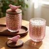 Pink Glass Storage Jar Bird Wood Cover Toothpick Holder Cotton Swab Box Storage Bottle Sugar Jar Dried Fruit Box Storages Tank
