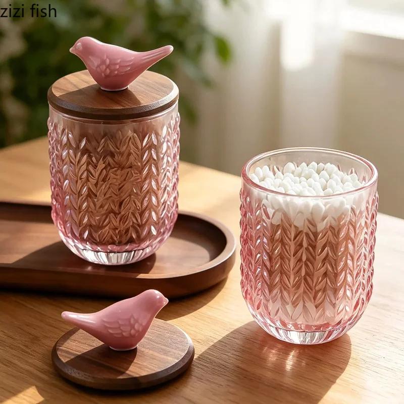 Pink Glass Storage Jar Bird Wood Cover Toothpick Holder Cotton Swab Box Storage Bottle Sugar Jar Dried Fruit Box Storages Tank